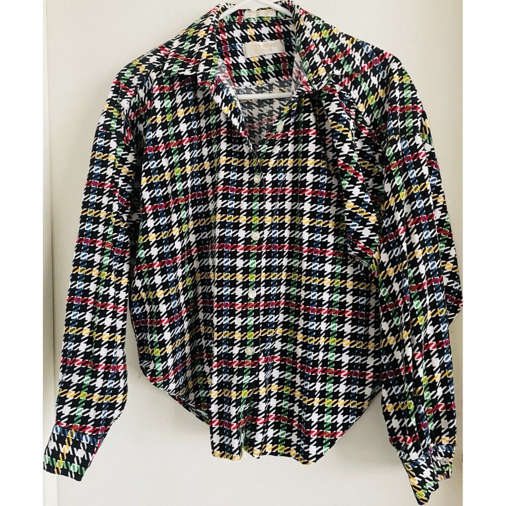 John Henry Women's Multicolor Houndstooth Collared Long Sleeve Shirt 12